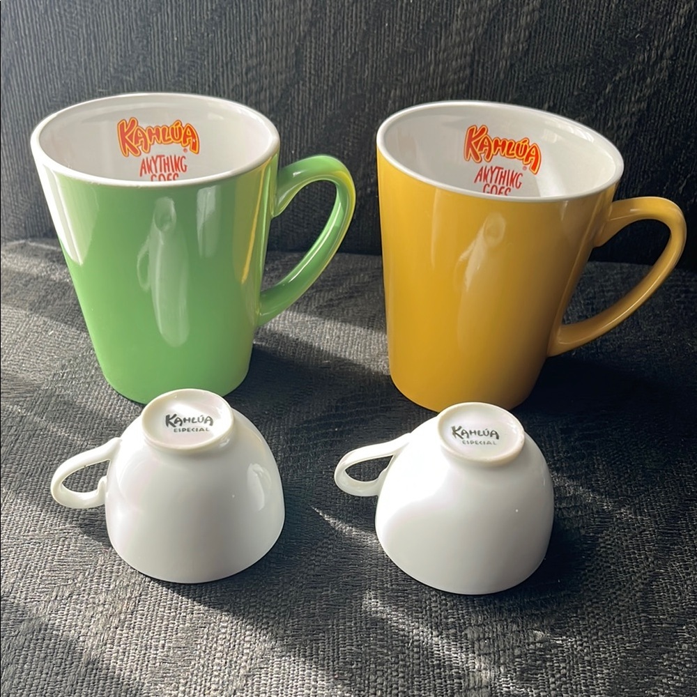 Kahlua Green and Yellow Coffee Mugs Set & Kahlua White Expresso Cups